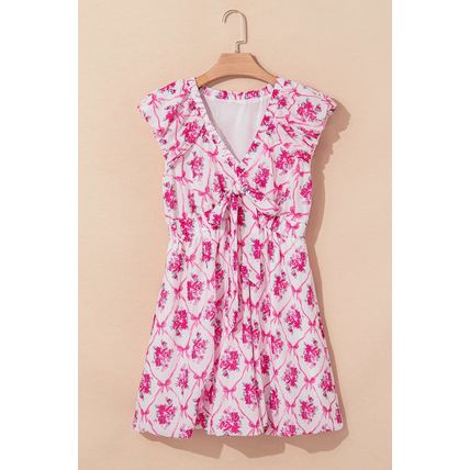 Multicolour Bow Lattice Floral Print V Neck Knot Decor Mini Dress