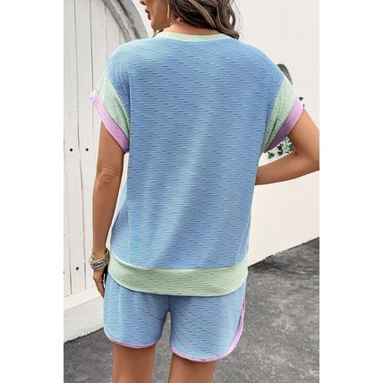 Beau Blue Corded Knit Contrast Trim Round Neck Cap Sleeve 2pcs Short Set