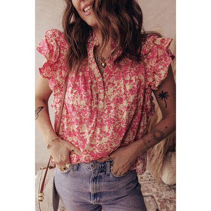 Rose Allover Printed Half Button Neck Ruffle Sleeve Blouse