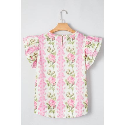 Pink Floral Print Ruffled Sleeve Summer Top