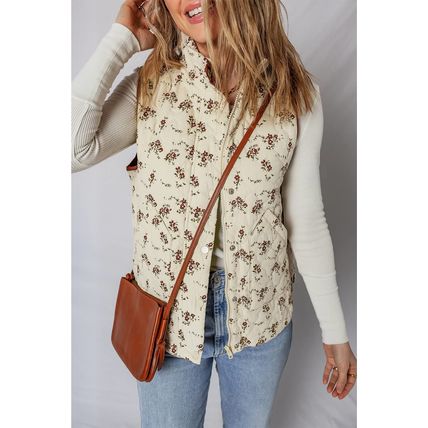 Apricot Floral Print Zip Up Quilted Vest