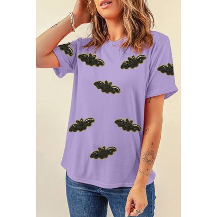 Wisteria Sequin Halloween Bat Patched Casual T Shirt