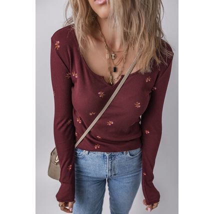 Burgundy Notched Neck Floral Print Ribbed Long Sleeve Top