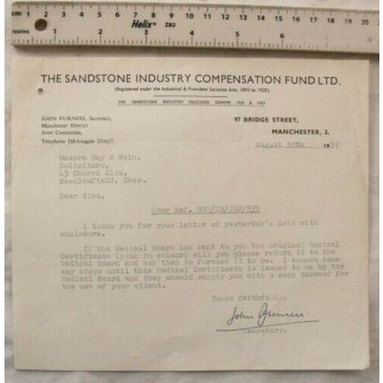 1957 letter Sandstone Industry Compensation Fund, Manchester