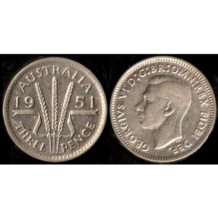 Australia Three Pence 1951 Used Coin 3d Wheatsheaf