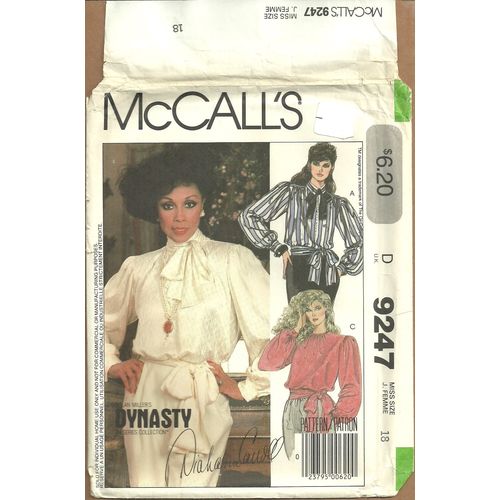 McCalls 9247 Sewing Pattern Misses' Blouses Tie & Tie Belt Size 18 Uncut