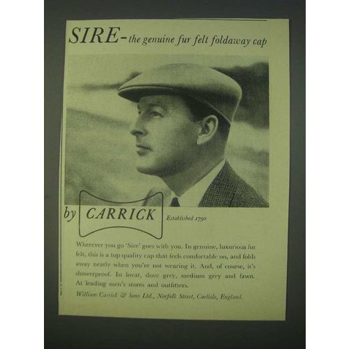 1959 Carrick Sire Cap Ad - the genuine fur felt foldaway cap