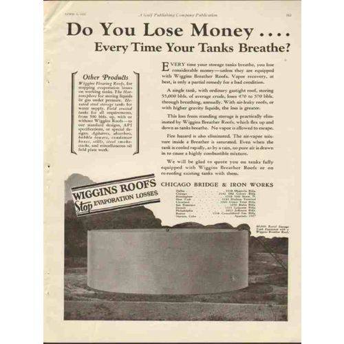 CHICAGO BRIDGE IRON WORKS 1930 lose money oil tanks breathe vintage ad