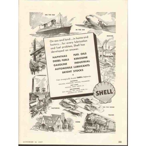 SHELL OIL COMPANY 1937 sea land naphthas gasoline diesel vintage ad