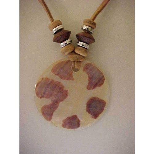 Mother of Pearl Necklace Enamel Painted Wood Beaded Disc 20"