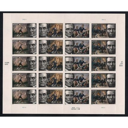 Abraham Lincoln Mint Sheet of Twenty 42 Cent Postage Stamps Scott 4380-83