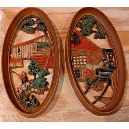 Vintage Burwood MCM 3D Molded Resin Wall Plaques Country Fisherman & Blacksmith