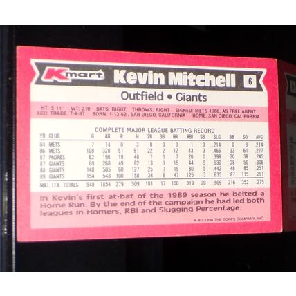 TOPPS 1990 KEVIN MITCHELL K-MART A.L. SUPER STARS BASEBALL CARD #6
