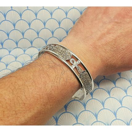 Vintage Egyptian Hallmarked 800 Fine Silver Ankh and Cartouche Cuff Bracelet