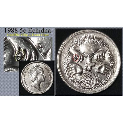 Australia 1988 5c Echidna ~ Die Chip/Cud on Front Claw - Circulated [1a1]