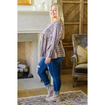 Purple Floral Print Round Neck Plus Size Babydoll Blouse