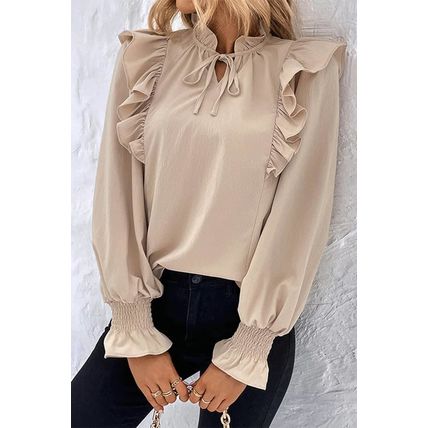 Khaki Ruffled Lace up Bubble Sleeve Blouse