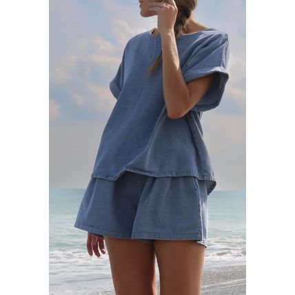Light Blue Denim Cuffed Sleeve Tee Elastic Shorts Set
