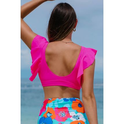 Rose Red Ruffled V Neck Swim Top