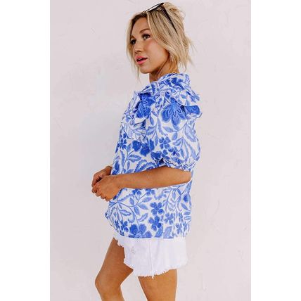 Dark Blue Floral Print Ruffled Bubble Sleeve Blouse