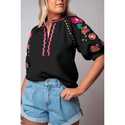 Black Floral Embroidered Ricrac Puff Sleeve Textured Blouse