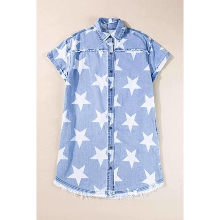 Sky Blue Stars Frayed Hem Collared Short Sleeve Denim Dress