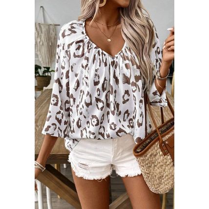 Khaki Leopard Print Ruched V Neck 3/4 Sleeve Blouse