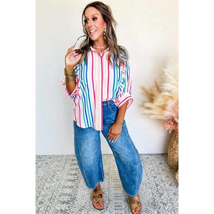 Pink Stripe 3/4 Sleeve Button Up Casual Shirt
