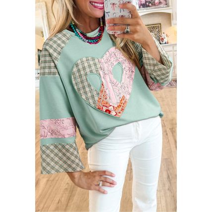 Clearly Aqua Plaid Floral Peace Heart Graphic Wide Long Sleeve Top
