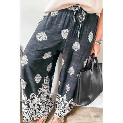Black Plus Size Geometric Ethnic Print Drawstring Wide Leg Pants