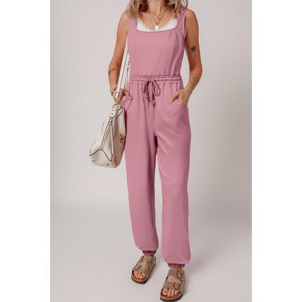 Light Pink Lace-up Elastic Waist Sleeveless Square Neck Jumpsuit