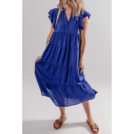 Bluing Ruffled Short Sleeve Collared V Neck Tiered Midi Dress