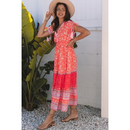 Red Floral Print Tasseled Tied Sleeve Empire Waist Maxi Dress