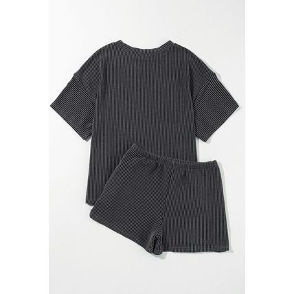 Carbon Grey Sequin Boots Patched Twisted Ribbed Short 2pcs Outfit