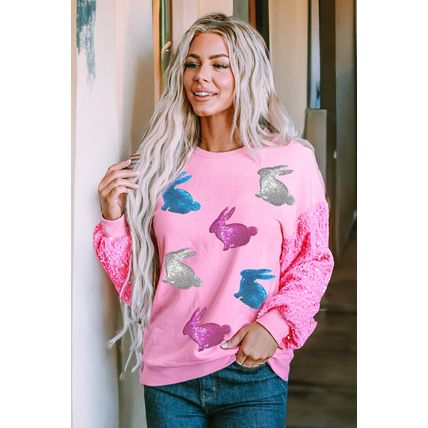 Pink Easter Bunny Patched Graphic Sequin Long Sleeve Top
