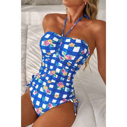 Blue Folk Gingham Halter Ruched Bodice Drawstring Ties One Piece Swimwear