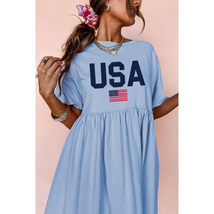 Sky Blue USA Flag Print Short Sleeve High Waist Babydoll Dress