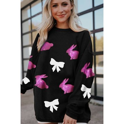 Black Sequined Bunny Bow Easter Fashion Corded Sweatshirt