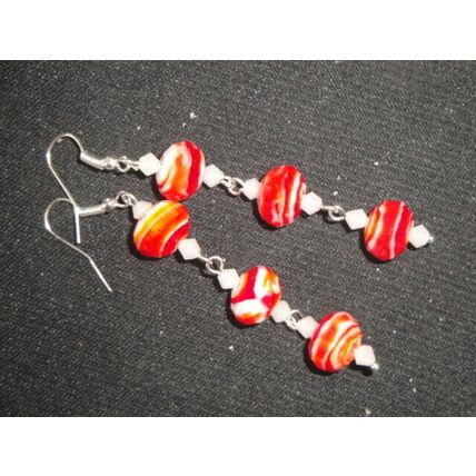 One off faceted red & white mix glass fun holiday long swing earrings