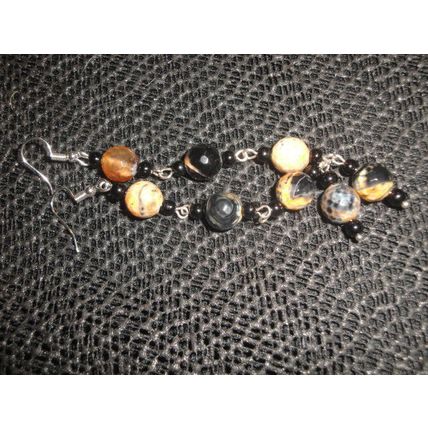Unique multi faceted mixed round fire agate bead long drop earrings different