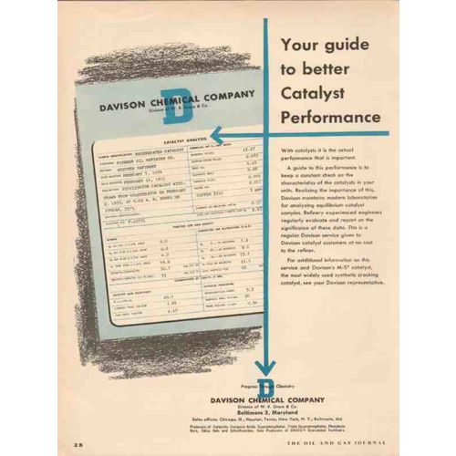 W R GRACE COMPANY 1955 Davison Chemical catalysts perform vintage ad