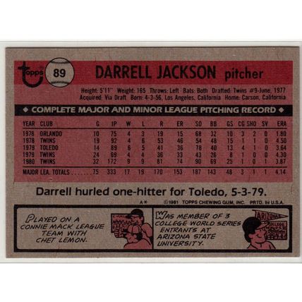 1981 Topps baseball card 89 Darrell Jackson - Twins