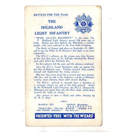 WIZARD COMIC TRADE CARD BATTLES FOR THE FLAG"THE HIGHLAND LIGHT INFANTRY "1935