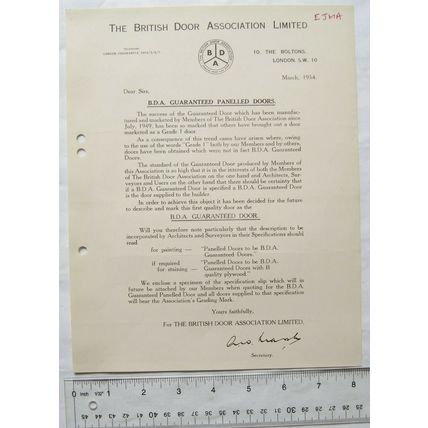1954 letter The British Door Association, London