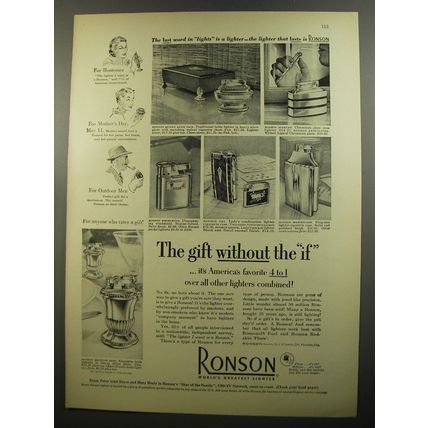 1952 Ronson Cigarette Lighters Ad - Queen Anne, Spartan, Whirlwind, Mastercase