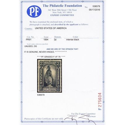 PR91 Mint VF NH 2¢ Newspaper Stamp With PFC Certificate CV $1,075. - Stuart Katz