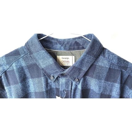 NEW GEORGE ALL SEASON MENS L/S BLUE/DARK BLUE CHECK BUTTON UP SHIRT – LARGE