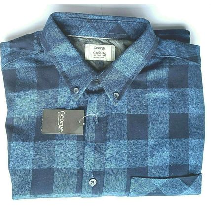 NEW GEORGE ALL SEASON MENS L/S BLUE/DARK BLUE CHECK BUTTON UP SHIRT – LARGE