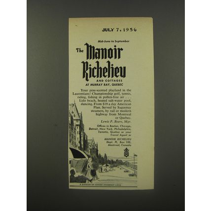 1956 The Manoir Richelieu Resort Advertisement