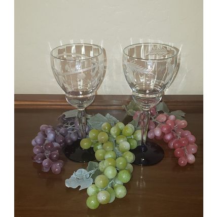 VTG WESTON BEVELED ETCHED MIXED SET WINE WATER GLASS W/ BLUE COBALT FOOT GOBLET